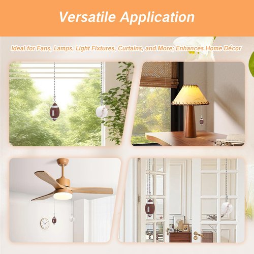 BRBASAP 2Pcs Ceiling Baseball Football Pull Fan Chain Set 12'' Sports Fan Pulls Nickel Decorative Extension for Ceiling Light Lamp Fan Chains Unique Long Cord Puller Ornaments