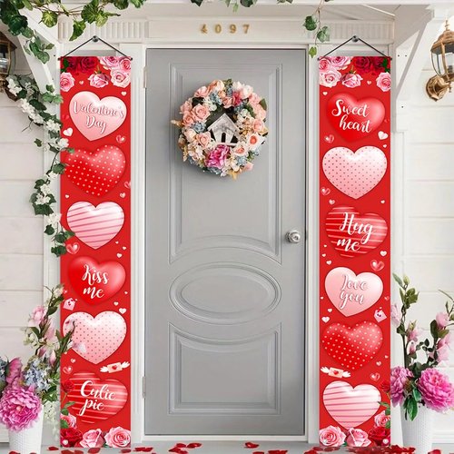 AIBIIN Valentine's Day Door Banner Decoration Valentines day Hanging Front Porch Welcome Sign Red Pink Buffalo Plaid Love Heart Banner Romantic for the Home Door Party Supplies Decor 35.4 x 70.8 Inch