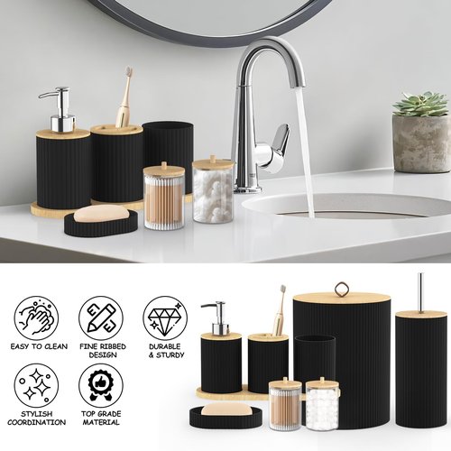 PLIOW Bathroom Accessories Set - 22PCS Black Bathroom Set with Shower Curtain,Trash Can,Toilet Brush Holder Set & Soap Dispenser – Stylish & Functional Bath Decor for Home, Apartment