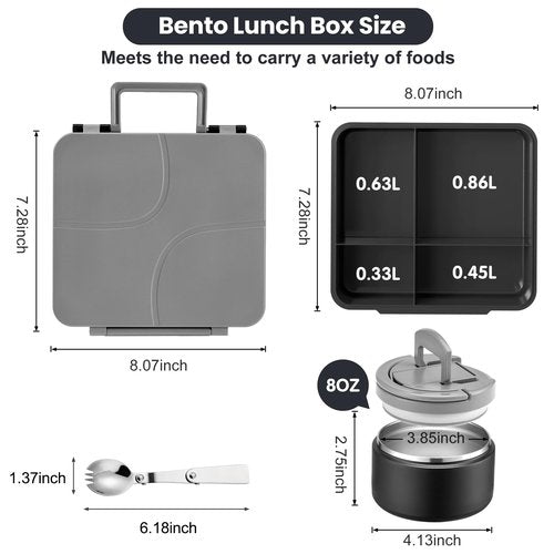 Bento Lunch Box for Kids with 8oz Soup Thermo,Kids Leakproof Lunch Food Containers with 4 Compartment,Kid Insulated Thermo Hot Food Jar for School,Trvael-Black
