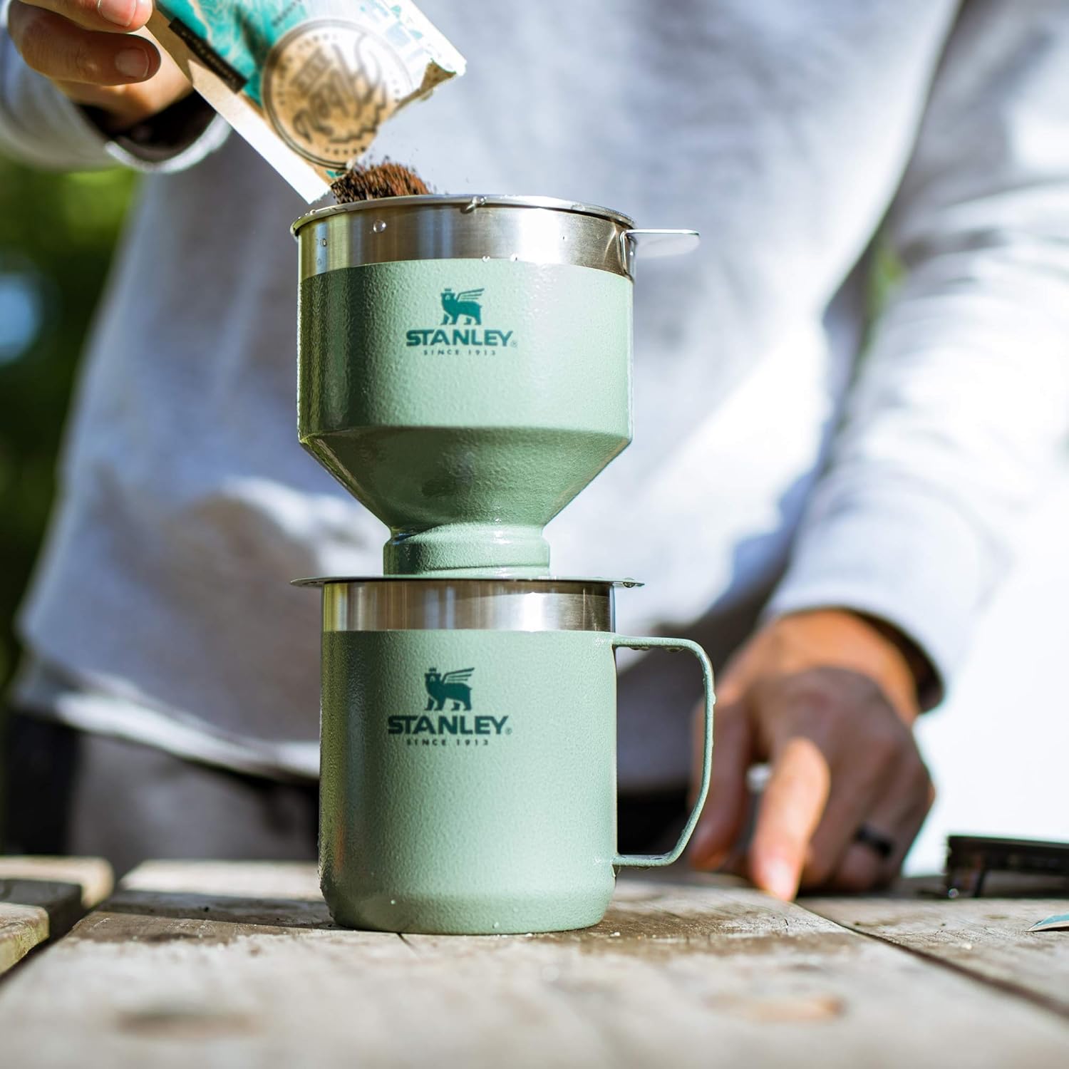 STANLEY Perfect Brew Pour Over Set - 12 oz Insulated Camp Mug with Lid & Reusable Filter - BPA-Free Hammertone Green