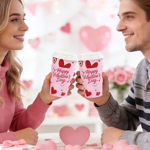 50 Pcs Valentine's Day Coffee Cups 16 oz Disposable Pink Red Heart Paper Drinking Cups Love Heart Coffee Containers for Hot and Cold Beverage Water Juice Cocoa Valentine's Day Wedding Party Supplies