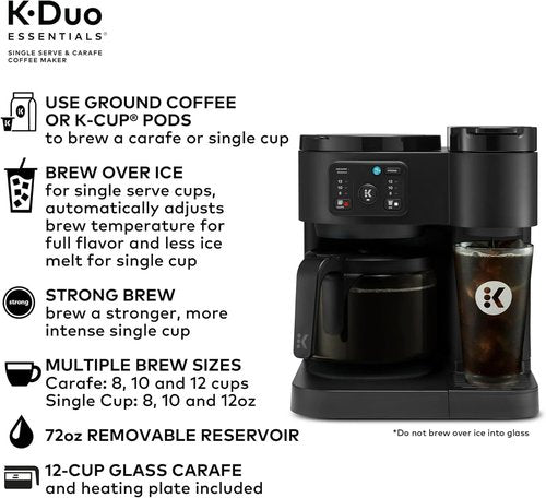 K-Duo Essentials Coffee Maker - Hot & Iced Brewing with 12-Cup Carafe, 72 oz Reservoir | Pause & Pour Feature