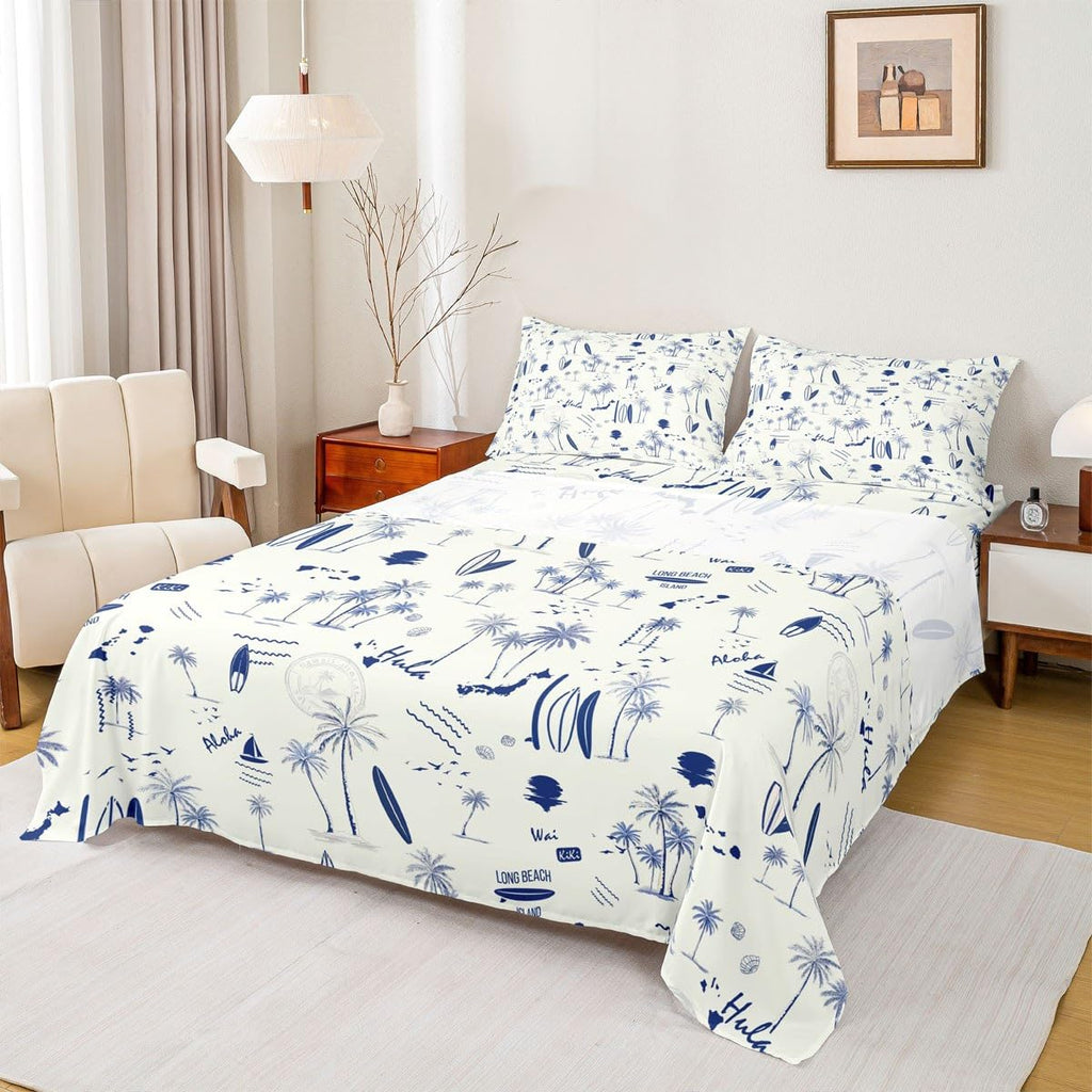 Coastal Beach Sheet Set King Size,Surfboard Sailboat Palm Tree Bedding Set 4Pcs for Kids Girls Boys Teens Room Decor Summer Ocean Life Bed Sheet Navy Blue White Fitted + Flat Sheet,2 Pillowcases
