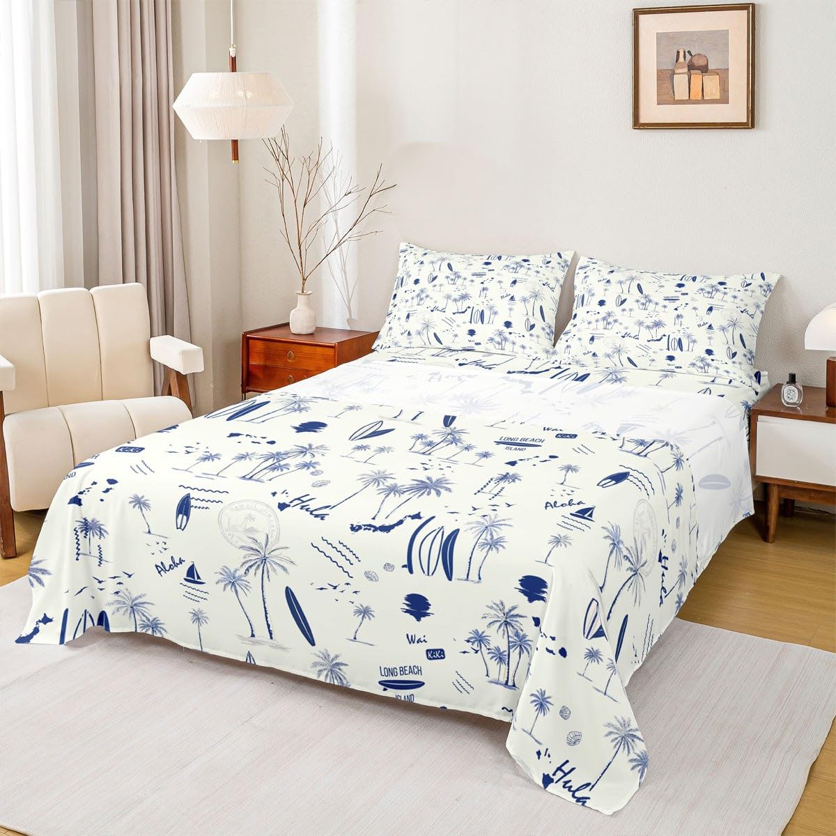Coastal Beach Sheet Set King Size,Surfboard Sailboat Palm Tree Bedding Set 4Pcs for Kids Girls Boys Teens Room Decor Summer Ocean Life Bed Sheet Navy Blue White Fitted + Flat Sheet,2 Pillowcases