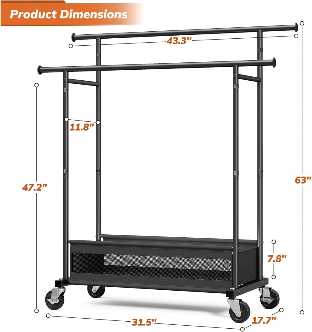Skiennix Double Rod Clothing Rack - Rolling Garment Rack with Storage Basket & Heavy-Duty Wheels | Black