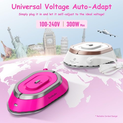 Newbealer Travel Iron - Mini Dry Iron with Global Voltage, 300W, 60s Heat Up, Non-Stick Soleplate | Hot Pink