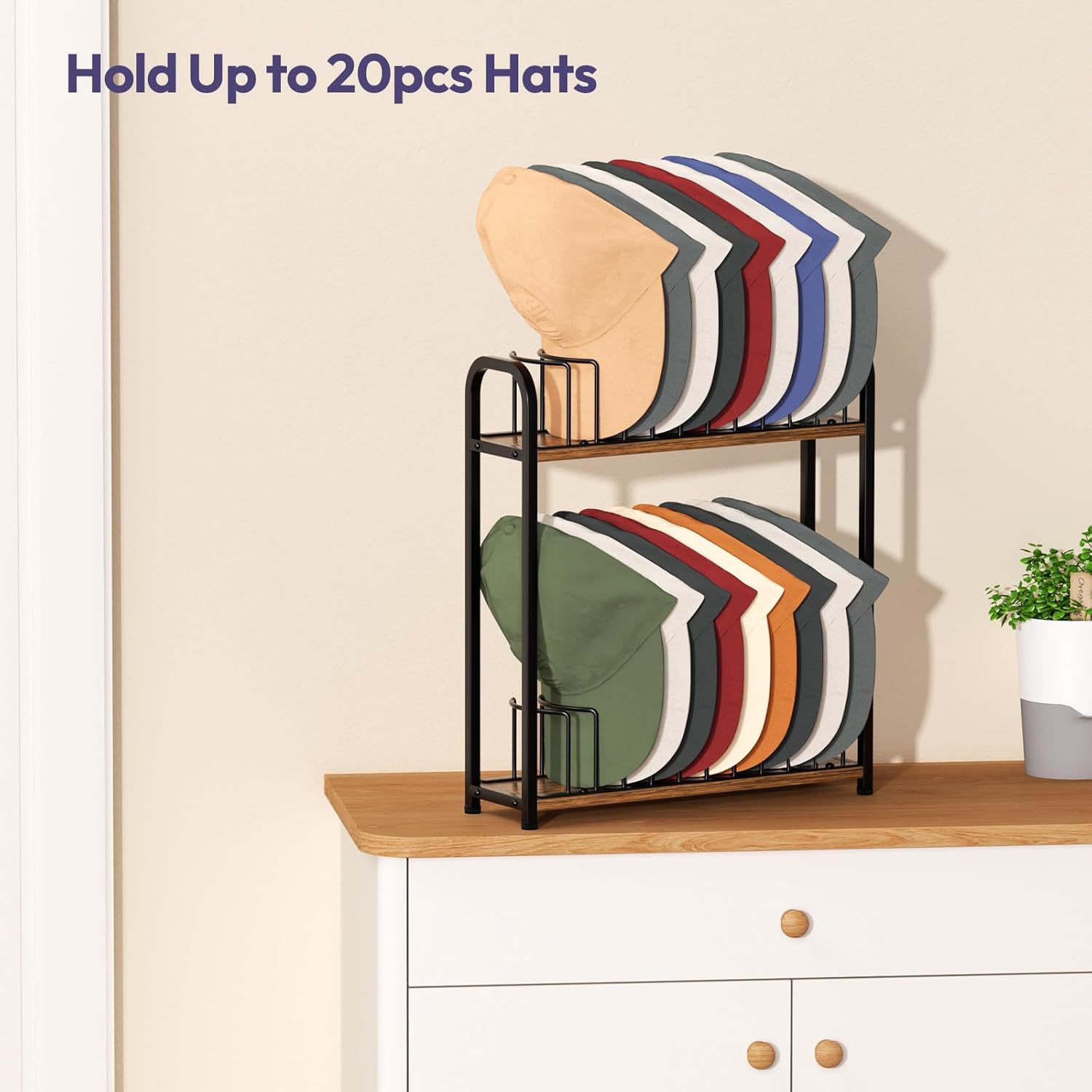 SWTYMIKI Hat Stand for Baseball Caps - 2-Tier Wood & Metal Organizer | Holds Up to 20 Caps (Black)