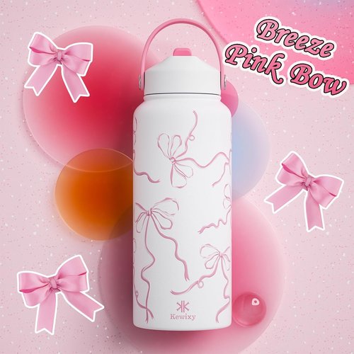 Bow 32 oz Insulated Water Bottle - Stainless Steel, Leak Proof, Reusable with Flip Straw & Handle | Breeze Pink