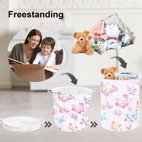 Clastyle Large Purple Pink Butterfly Laundry Basket Waterproof Flower Clothes Nursery Hamper for Baby Girl Collapsible Toy Storage Gift Basket for Kid Bedroom Decor