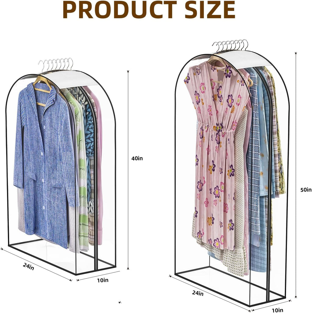 Skiennix Thickened Clear Garment Bags - 4 Pack Hanging Clothes Storage (40 & 50 Inch) | 10" Gusseted Design for Shirts, Coats, Dresses
