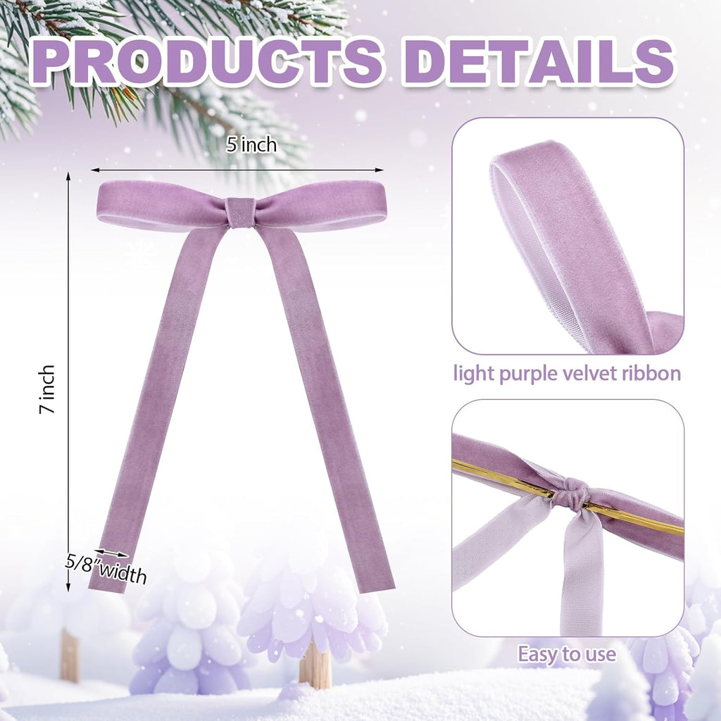 Skiennix 24 Pcs Velvet Bows - Vintage Ribbon Bows for Christmas Tree & Crafts | Light Purple, 5 x 7 Inch