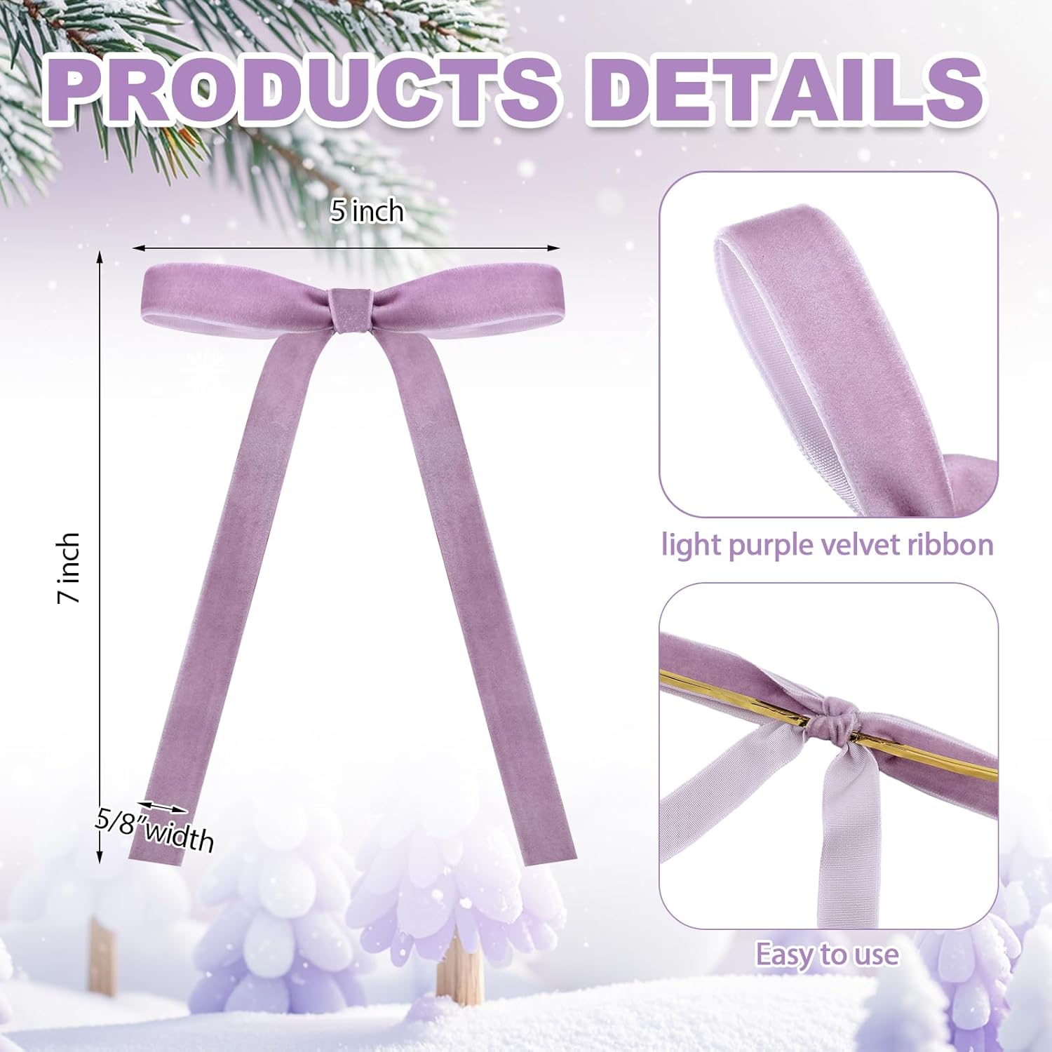 Skiennix 24 Pcs Velvet Bows - Vintage Ribbon Bows for Christmas Tree & Crafts | Light Purple, 5 x 7 Inch