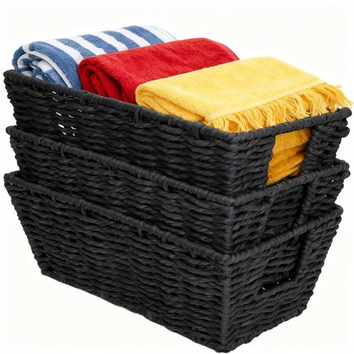 Paper Rope Storage Baskets for Shelves Organizing, Small Hand Woven Wicker Organizer Basket with Handle for Bathroom Toilet Paper Storage, Black, 3-Pack