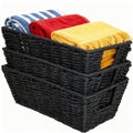 Paper Rope Storage Baskets for Shelves Organizing, Small Hand Woven Wicker Organizer Basket with Handle for Bathroom Toilet Paper Storage, Black, 3-Pack