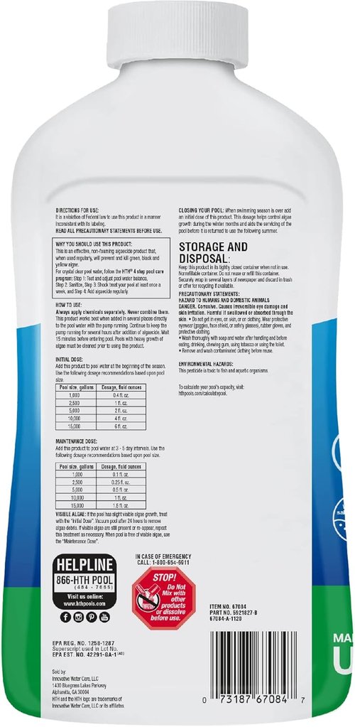 HTH 67084 Algae Guard - Advanced All Algae Eliminator for Swimming Pools | Fast-Acting, 32 fl oz