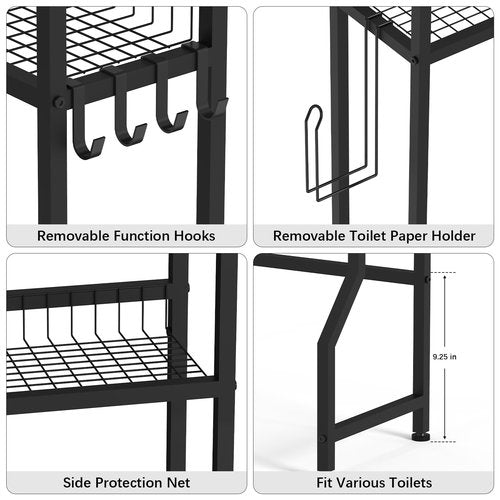 YBING Over The Toilet Rack 3 Tier Bathroom Shelf Over Toilet Storage Organizer Freestanding Above Toilet Storage Rack with Metal Frame and Hook Bathroom Over Toilet Storage Stand Black
