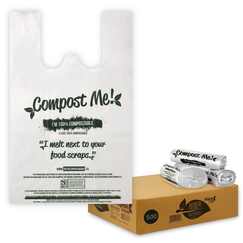 Refresh Packaging - 100% Certified Compostable Shopping Bags - Multipurpose Use - T-Shirt Style Bags - 500 Bags Per Case - Eco Friendly - Reduces Waste - Sustainable - No Pollution - Zero Waste