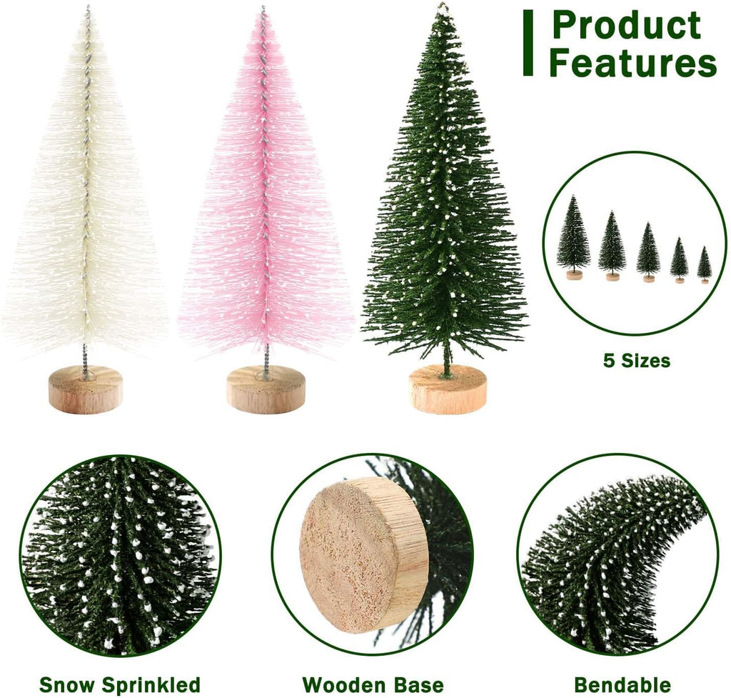 Skiennix 30Pcs Mini Christmas Trees - Artificial Bottle Brush Trees with Wooden Base for Holiday Decor | Green, Beige, Pink