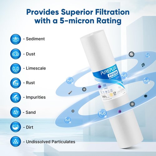 PUREPLUS 5 Micron 20" x 4.5" Whole House Sediment Home Water Filter Replacement Cartridge, Compatible with DGD-5005-20, AP810-2, P5-20BB, FP25B, FPMB5-20, 155358-43, SDC-45-2005, 4 Pack