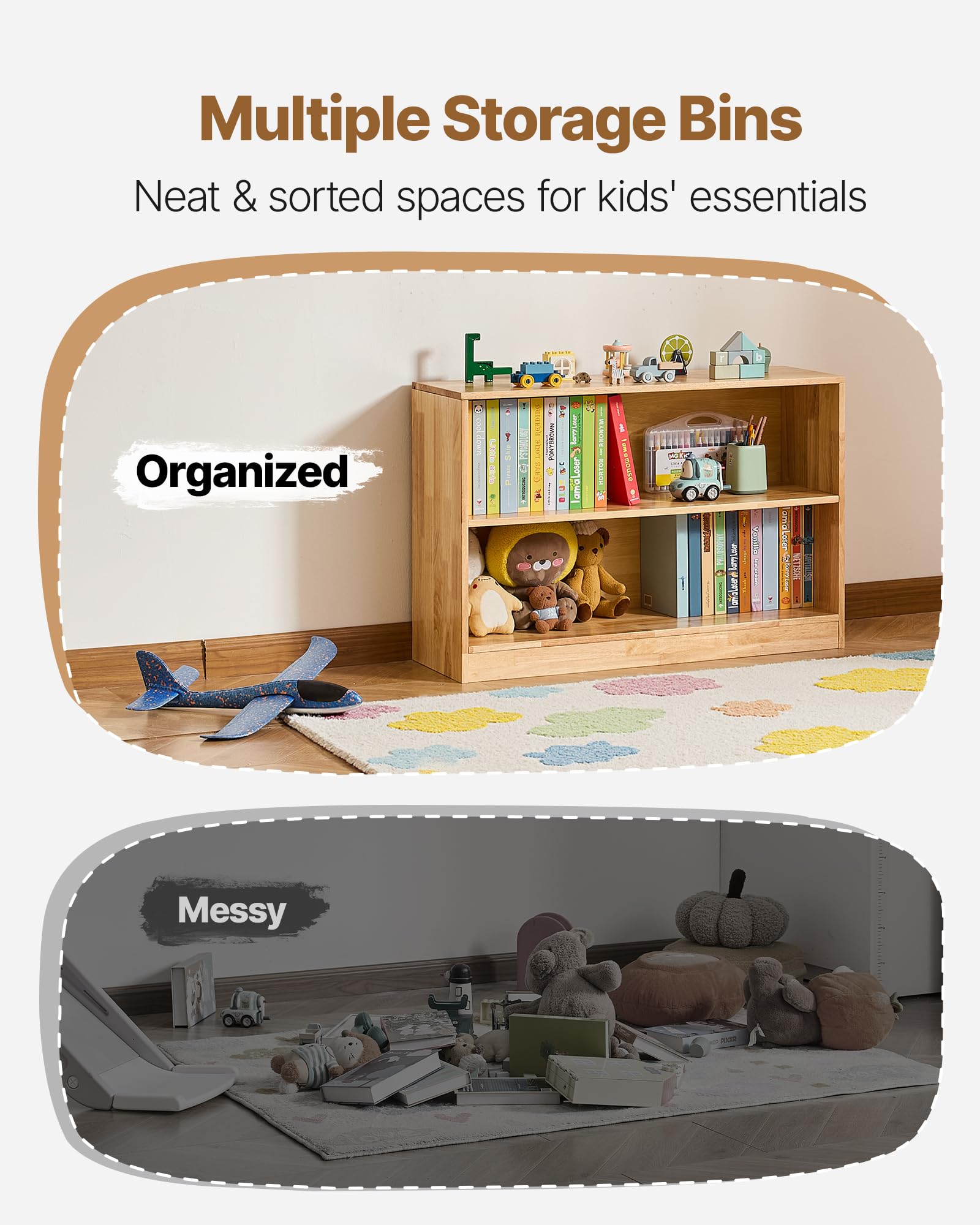 VEVOR Montessori Bookshelf, Wooden Toy Storage Organizer, 2-Cubby Toy Organizers and Storage, Daycare Furniture, Kids Bookshelf for Bedroom, Nursery, Living Room, Entryway, Preschool, Rubberwood