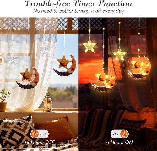 Lewondr LED Moon Star Curtain String Lights - 138 Fairy Lights with Remote Control & Timer | Perfect for Ramadan Decor