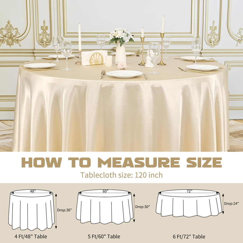 Pesonlook 6 Pack Champagne Round Tablecloth, 120 Inch Satin Fabric Tablecloth for Round Table, Wrinkle Resistant Washable TableCover Bright Silk TableClothes for Wedding Party Dining Table Banquet