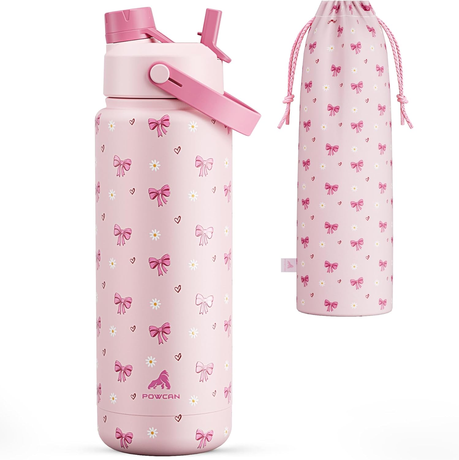 POWCAN 32 oz Insulated Water Bottle - 2-in-1 Straw & Spout Lid, Leak-Proof, BPA-Free, Perfect for Sports & Travel (Bow Crush)