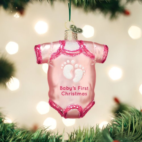Old World Christmas Pink Baby Onesie Glass Blown Ornament for Christmas Tree, Handcrafted Holiday Decoration, Baby’s First Christmas Collection