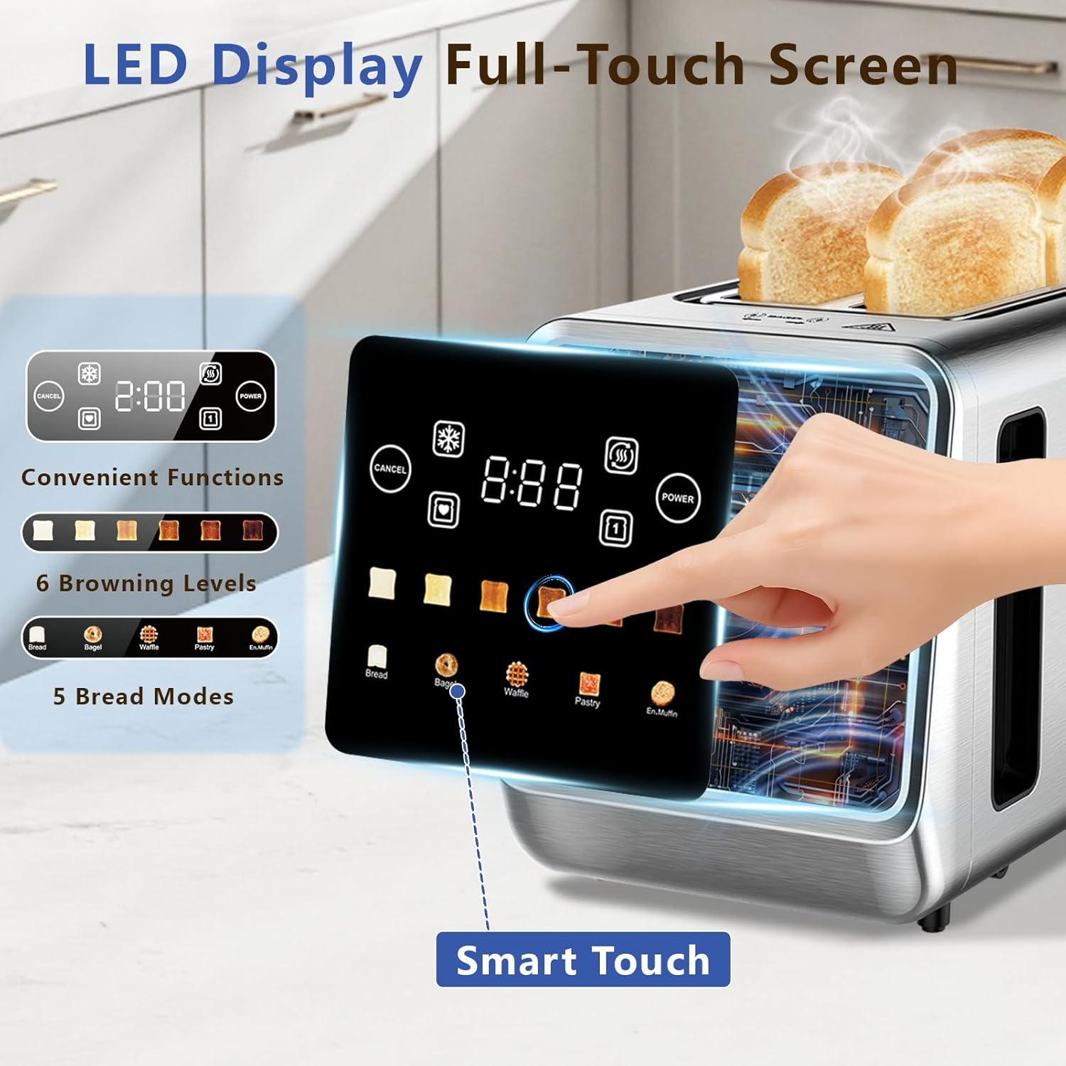 SAKAMOSH 4-Slice Smart Toaster - Touch Screen, 6 Browning Levels, Extra Wide Slots, Stainless Steel