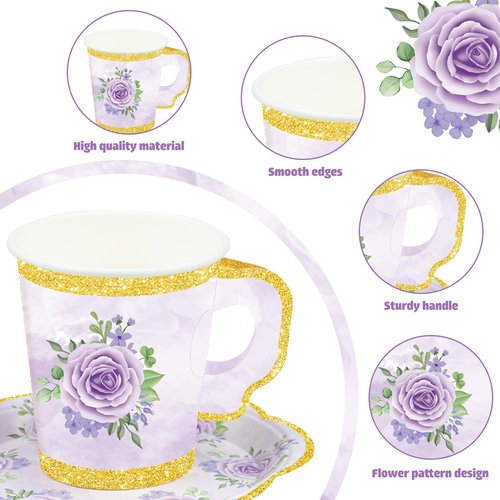 24 Sets Floral Paper Tea Cups and Saucers Disposable Tea Party Supplies Colorful Flower Teacups with Handle and Plates for Hot Cold Drink Wedding Birthday Party Baby Shower