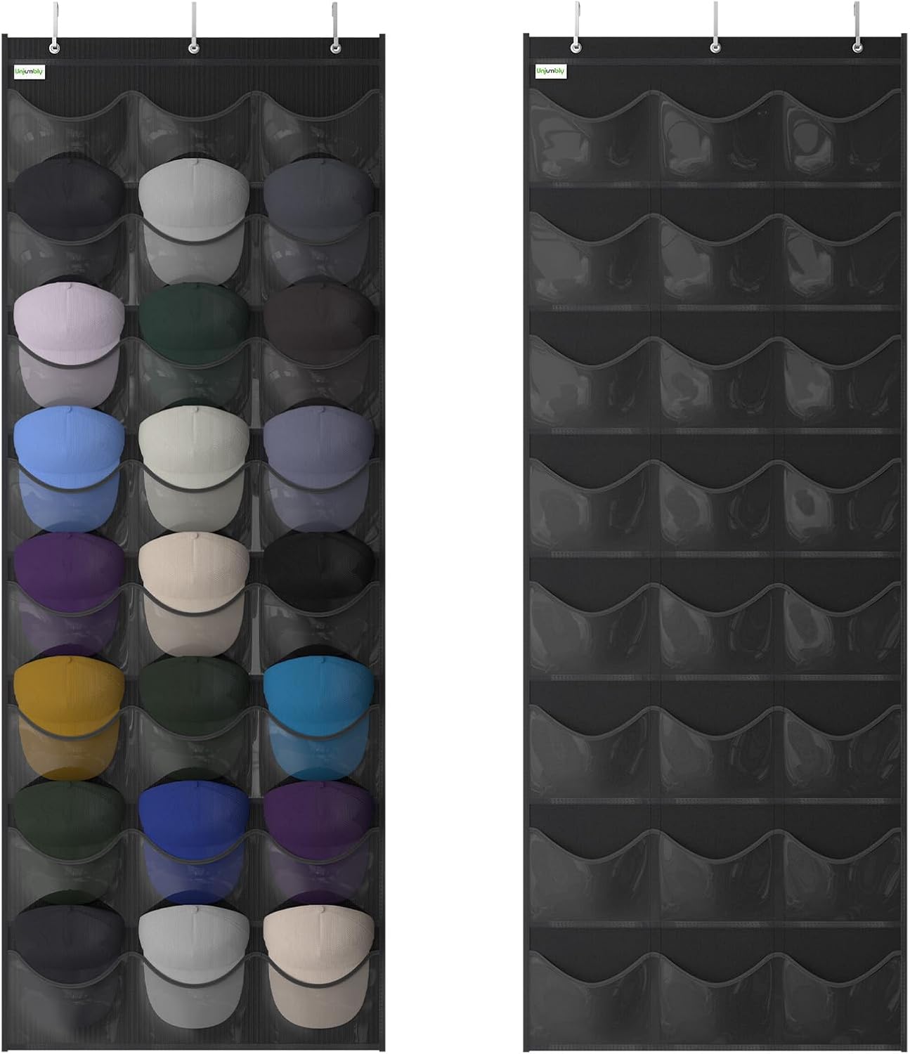 Unjumbly Baseball Hat Rack - 24 Pocket Over-The-Door Organizer with Clear Pockets | Black