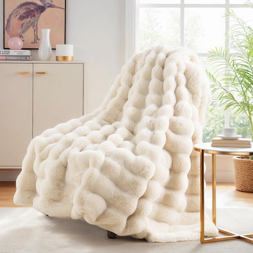 NEXHOME PRO Faux Fur Throw Blanket, Ultra Soft Cozy Warm Fuzzy Fluffy Plush Reversible Blanket for Couch, Sofa, Bed, Home Decor Gift, Beige 5060