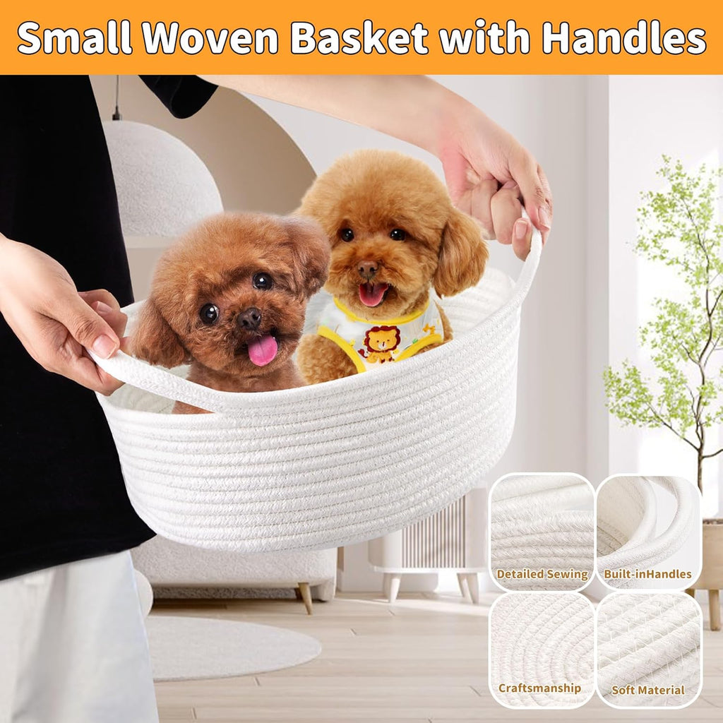 Yeeeasy Small Woven Basket - Cute Gift Basket with Ribbons | 12"x8"x5" White Storage for Toys