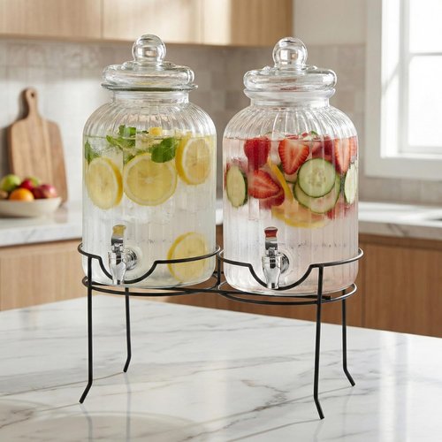 Style Setter Canyon Glass Beverage Dispenser with Stand Set of 2-1.3 Gallon Drink Dispenser with Stand & Spigot - Leak-Proof Lemonade Dispenser - Punch Dispenser for Parties, Weddings, Birthdays