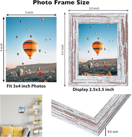 JCJMY 3x4 Picture Frame - Rustic White Wall Mount or Tabletop Display | Shatter-Resistant Plexiglass