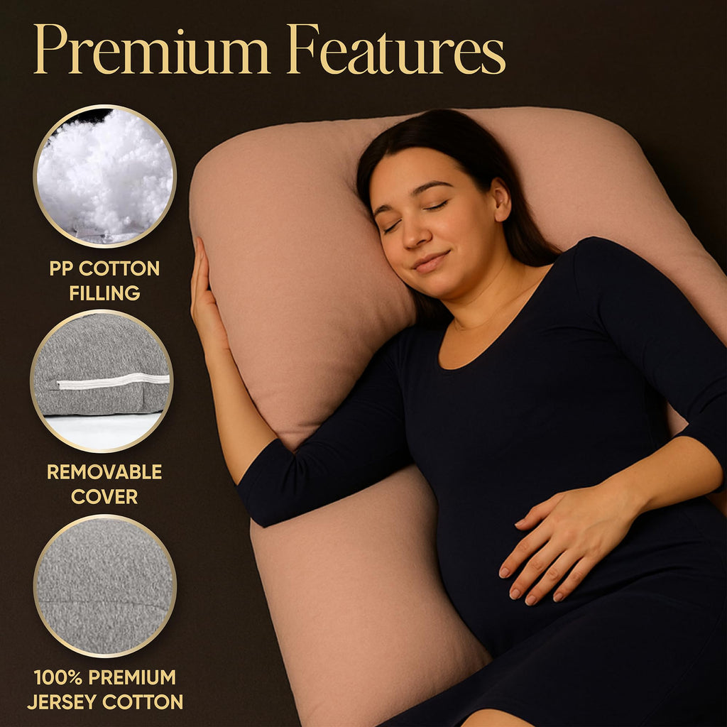 U-Shaped Pregnancy Pillow – 100% Cotton Cover, Full Body Maternity Support for Belly, Back and Legs – Bonus Eye Mask and Gift Box (Light Pink)