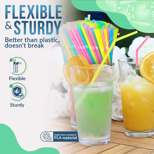 Weemium Compostable Straws Disposable [300 Pack] 8.25" | 100% Plant-Based Plastic-free PLA, Disposable and Biodegradable | Flexible Colorful Drinking Straws are Best Alternative to Plastic