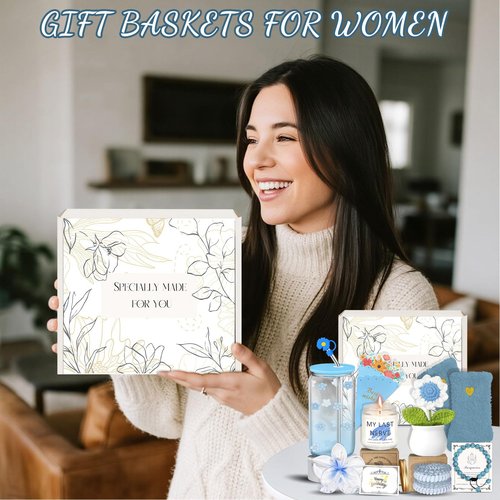 Happy Birthday Gifts for Teen Girls, Unique Gift Baskets for Women, Her, Self Care Thank You Get Well Valentines Day Present Set, 14pcs Cute Teenage Box for Friend Mom Sister Coworker (Blue)