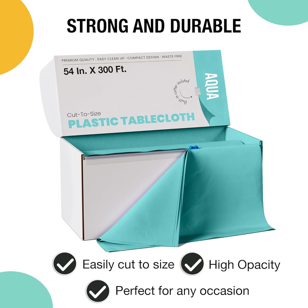 Party Solids Aqua Plastic Table Cover Roll - 54 Inch x 300 Feet with Slide Cutter for Easy Cutting