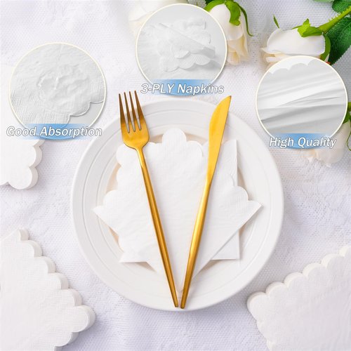 100 White Scalloped Cocktail Napkins, 3 Ply 5 x 5 Inch Beverage Napkins Paper Napkins Disposable Luncheon Napkins for Wedding Birthday Party Bridal Anniversary Baby Shower