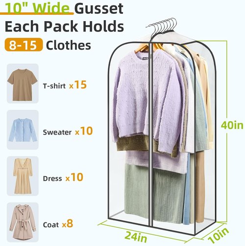 LANDNEOO Clear Garment Bags - 6 Pack Zippered Hanging Clothes Storage for Coats, Dresses, and Furs - 40'' Long