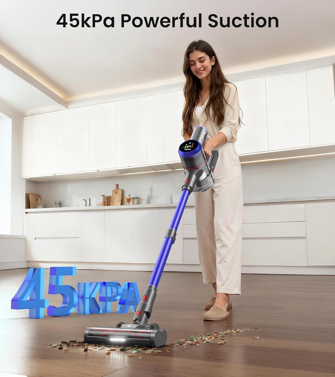 Skiennix Cordless Vacuum Cleaner - 550W Powerful Suction, 65 Mins Runtime, LED Display, Anti-Tangle Brush