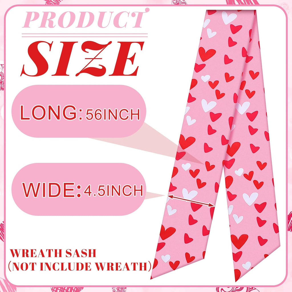 Skiennix Wreath Sash - Satin Blank Sash for Front Door Decor | Romantic Heart Print, Red & Pink