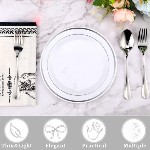 Sieral 200 Pieces Disposable Plates Plastic Party Plates with Rim Hard Plastic Appetizer Salad Dessert 7.5 Inch Elegant Heavy Duty Tableware for Dinner Wedding Party Supplies(Silver Rim)