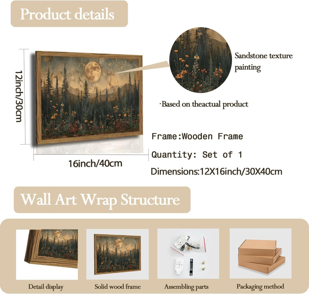 Vintage Nature Forest Wall Art - Dark Moon Landscape Painting | 3D Textured Framed Artwork 12x16