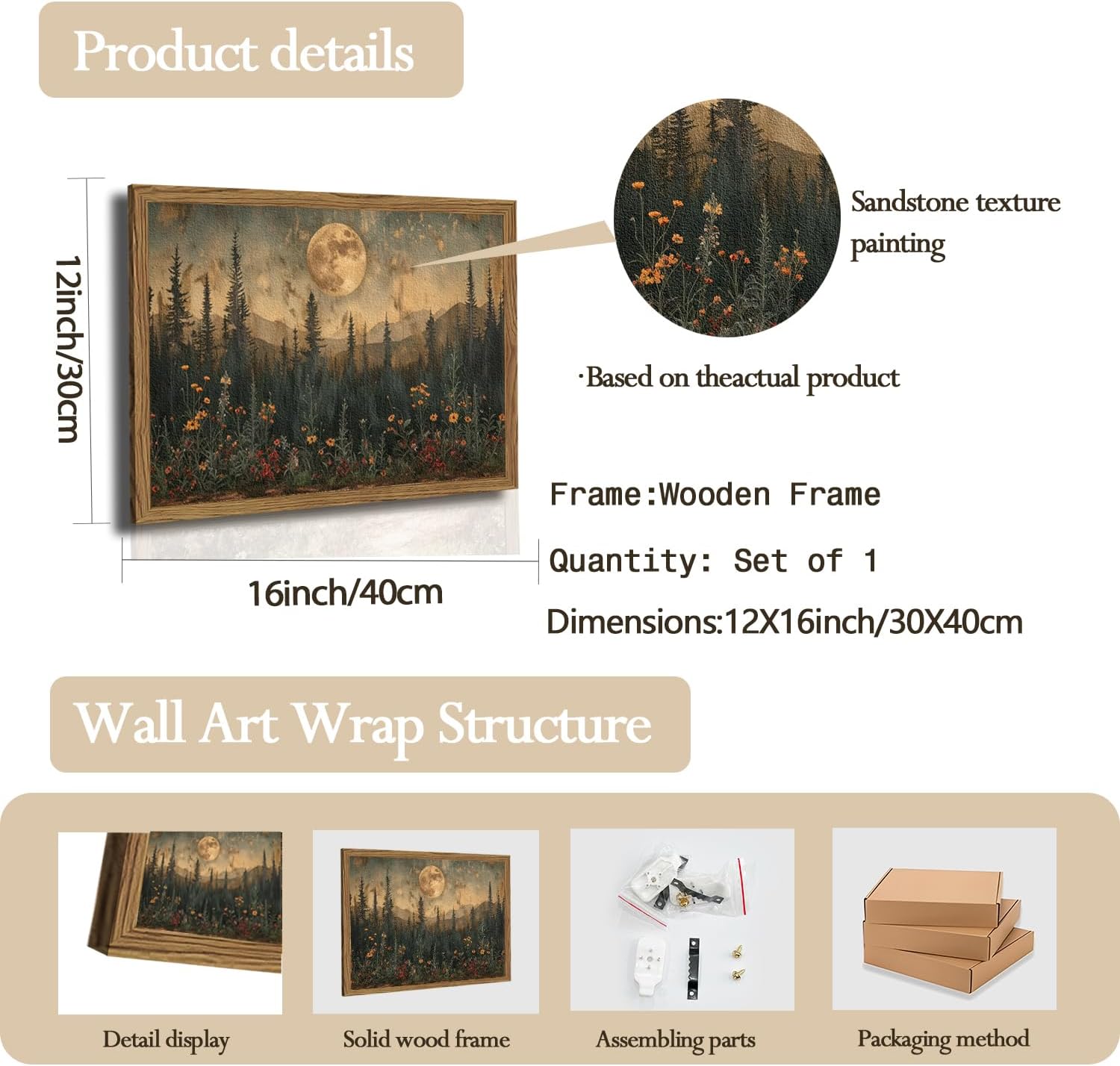 Vintage Nature Forest Wall Art - Dark Moon Landscape Painting | 3D Textured Framed Artwork 12x16