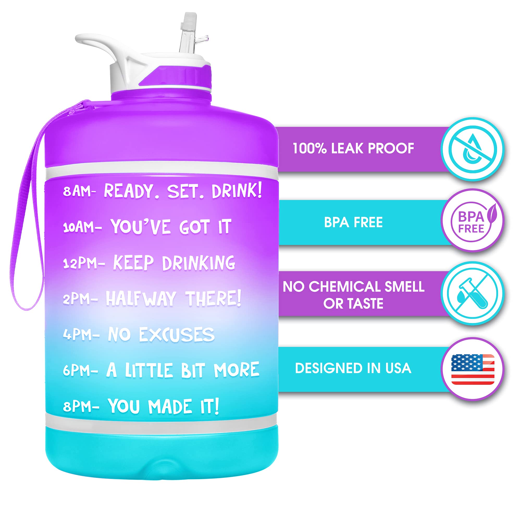 NatureWorks HydroMATE Gallon Water Bottle with Straw BPA FREE Leak Proof Reusable Water Bottle with Times to Drink Marked Hourly 128 oz