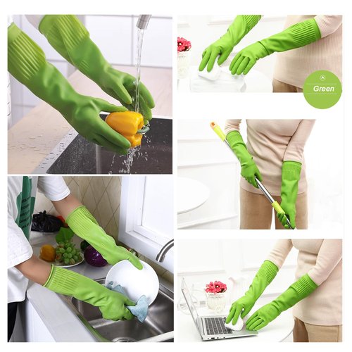 Bamllum 3 Pairs of Rubber Dishwashing Gloves for Kitchen and Household Cleaning – Long Cuff 15", Reusable, Flexible Long-lasting and Non-Slip (Red+Yellow+Green, Large)