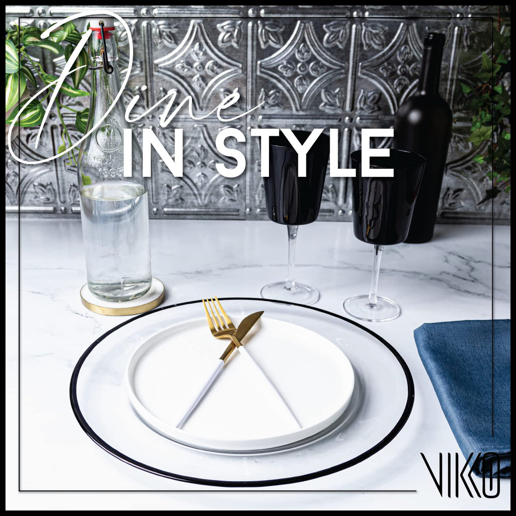 Vikko Glass Charger, 13 Inch Clear Glass Dinner Plate Charger with Black Rim, Set of 4 Elegant Place Setting Chargers